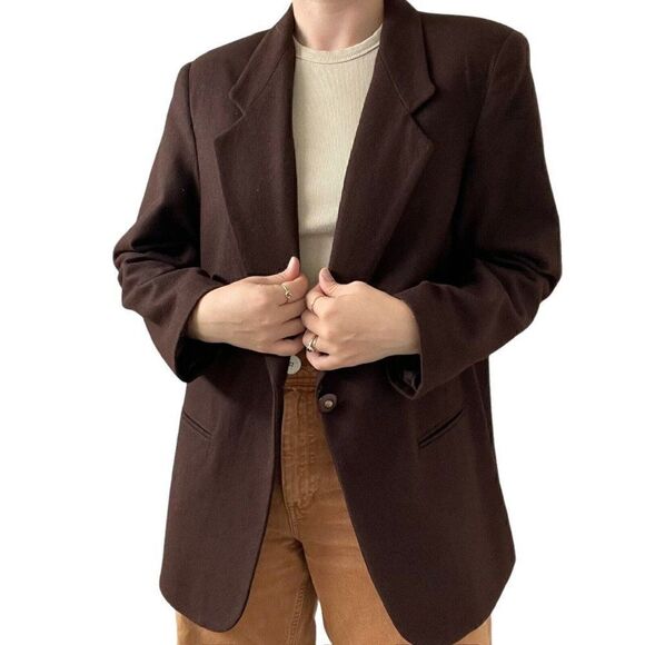 Vintage 80s Womens Brown Wool Oversized Preppy Dark Academia Blazer Sz L - Picture 1 of 10